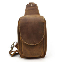 Leather Men's 8 inches Brown Sling Bag Chest Bag Dark Brown One Shoulder Backpack For Men - iwalletsmen