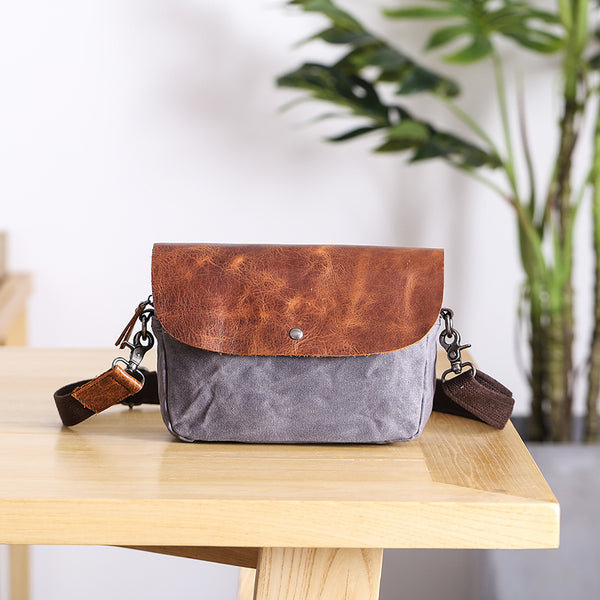 Casual Waxed Canvas Leather Mens MIni Side Bag Gray Courier Bag Messenger Bag for Men - iwalletsmen