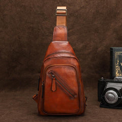 Vintage Brown Leather Men's Sling Bags Chest Bag Brown Sling Pack Sling Backpack For Men - iwalletsmen