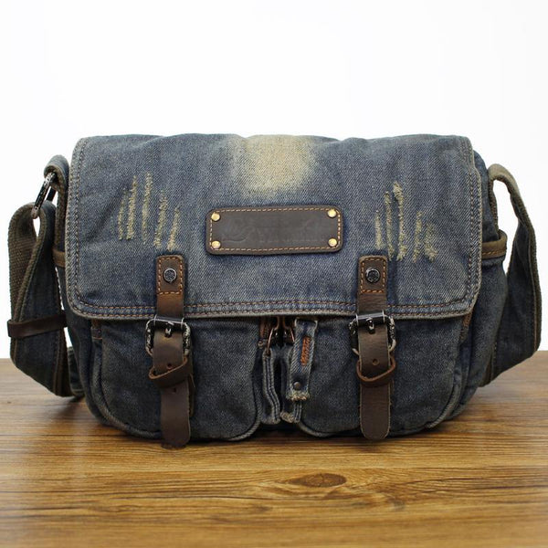 Denim Blue Mens Small Courier Bag Messenger Bag Blue Jean Postman Bags For Men - iwalletsmen