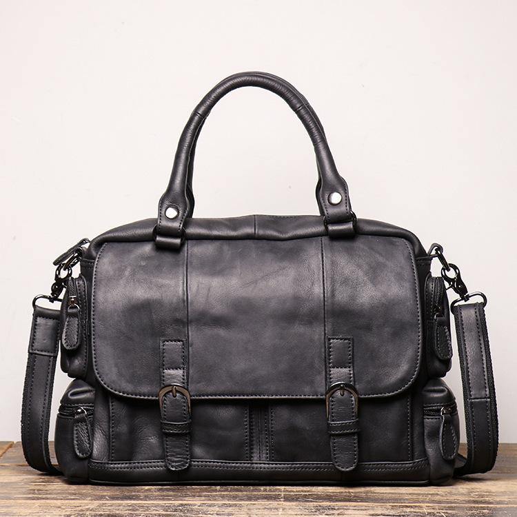 Black Leather Men 14 inches Briefcase Handbag Laptop Handbag Messenger Bag For Men - iwalletsmen