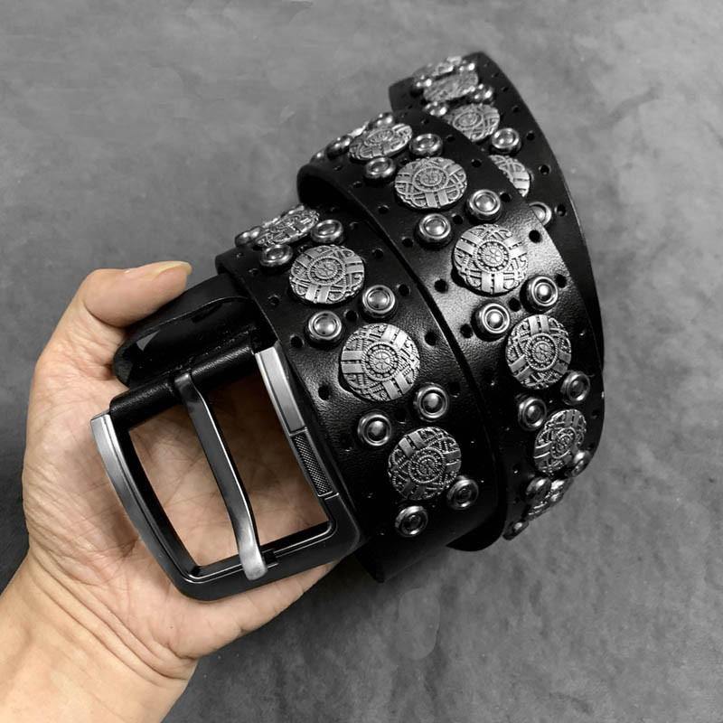 Badass Black Leather Metal Rock Punk Belt Black Motorcycle Belt Leather Rivet Belts For Men - iwalletsmen