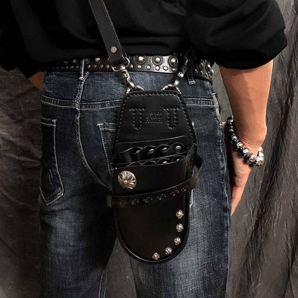 Black Badass Mens Leather Waist Bag Side Bag Red Hairstylist Tool Barber Pouch Blue Scissor Case for Men - iwalletsmen