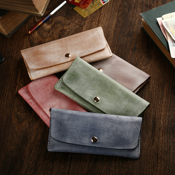 Handmade Mens Leather Blue Envelope Bag Long Wallet Phone Bag Green Clutch for Men - iwalletsmen