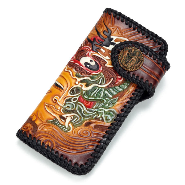 Handmade Leather Buddha&Demon Mens Chain Biker Wallet Cool Leather Wallet With Chain Wallets for Men