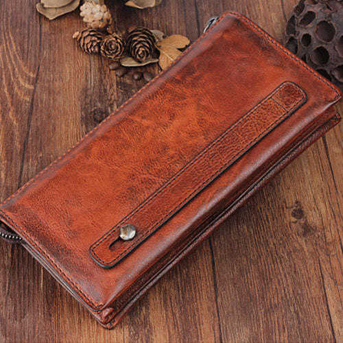 Genuine Leather Mens Cool Long Leather Wallet Zipper Wristlet Clutch Wallet - iwalletsmen