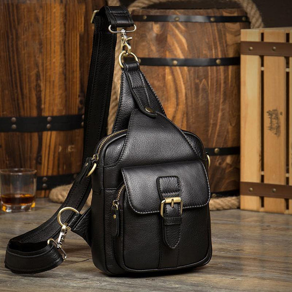 Black Leather Mens Cool Sling Bag Sling Pack Black Crossbody Packs Chest Bags for men - iwalletsmen