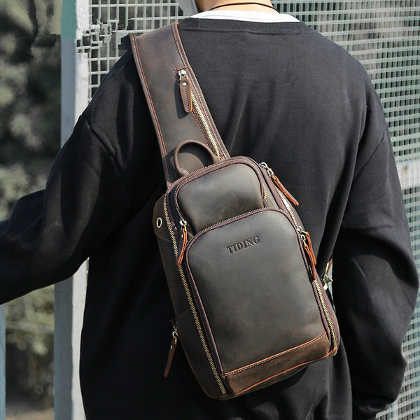 Vintage Brown Leather Men's One Shoulder Backpack Chest Bag Sling Crossbody Pack For Men - iwalletsmen
