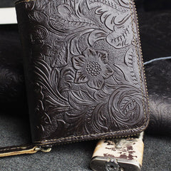 Handmade Leather Floral Mens Zipper Cool billfold Wallet Card Holder Small Card Slim Wallets for Men