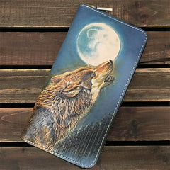 Blue Handmade Tooled Wolf Leather Long Wallet Zipper Wallet Clutch Wallet For Men - iwalletsmen