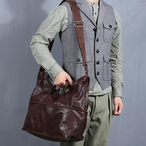 Casual Black Leather Mens 15 inches Tote Side Bag Large Messenger Bag Brown Tote Handbag Courier Bag for Men - iwalletsmen