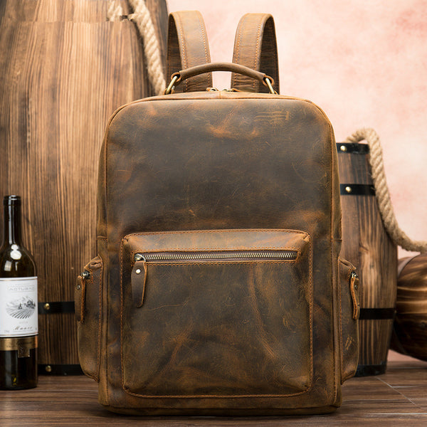 Cool Vintage Leather Mens 14inch Laptop Backpack Backpacks School Backpack Work Backpack for Men - iwalletsmen