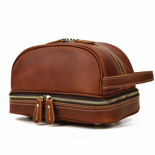 Brown Leather Men's Clutch Bag Double Zipped Wristlet Handbag Storage Bag For Men - iwalletsmen
