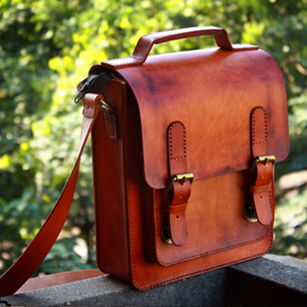 Handmade Vintage Brown Leather Mens School Shoulder Bag Messenger Bag for Men - iwalletsmen