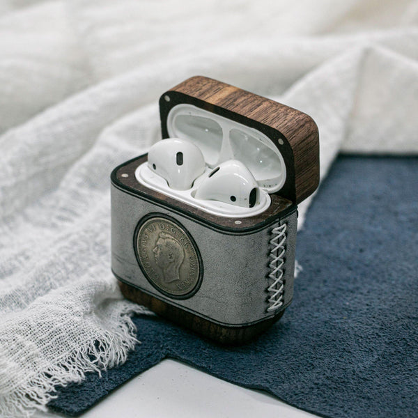 Handmade Leather Wood AirPods 1,2 Case with Coin Custom Leather AirPods 1,2 Case Airpod Case Cover - iwalletsmen
