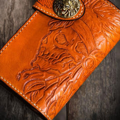 Handmade Leather Tooled Skull Indian Chief Biker Wallet Mens Cool billfold Chain Wallet Trucker Wallet with Chain