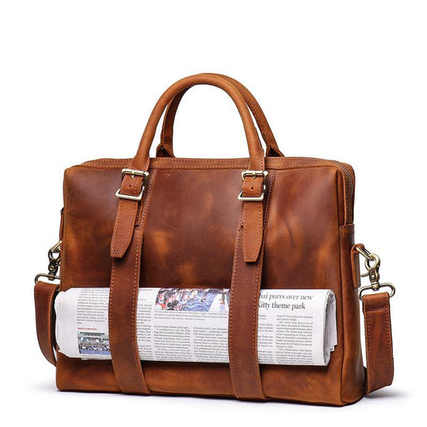 Brown Leather Mens 15 inches Simple Laptop Work Bag Handbag Briefcase Shoulder Bags Business Bags For Men - iwalletsmen