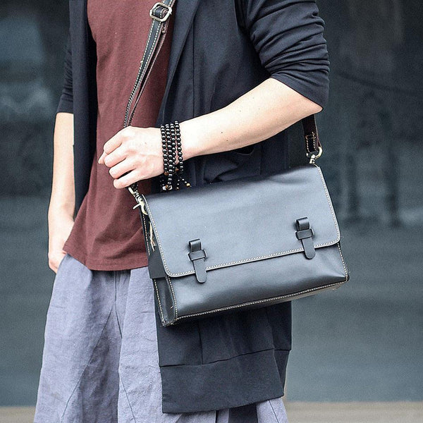 Cool Black Leather Mens 10" Postman Bag Small Messenger Bag Black Courier Bags For Men - iwalletsmen