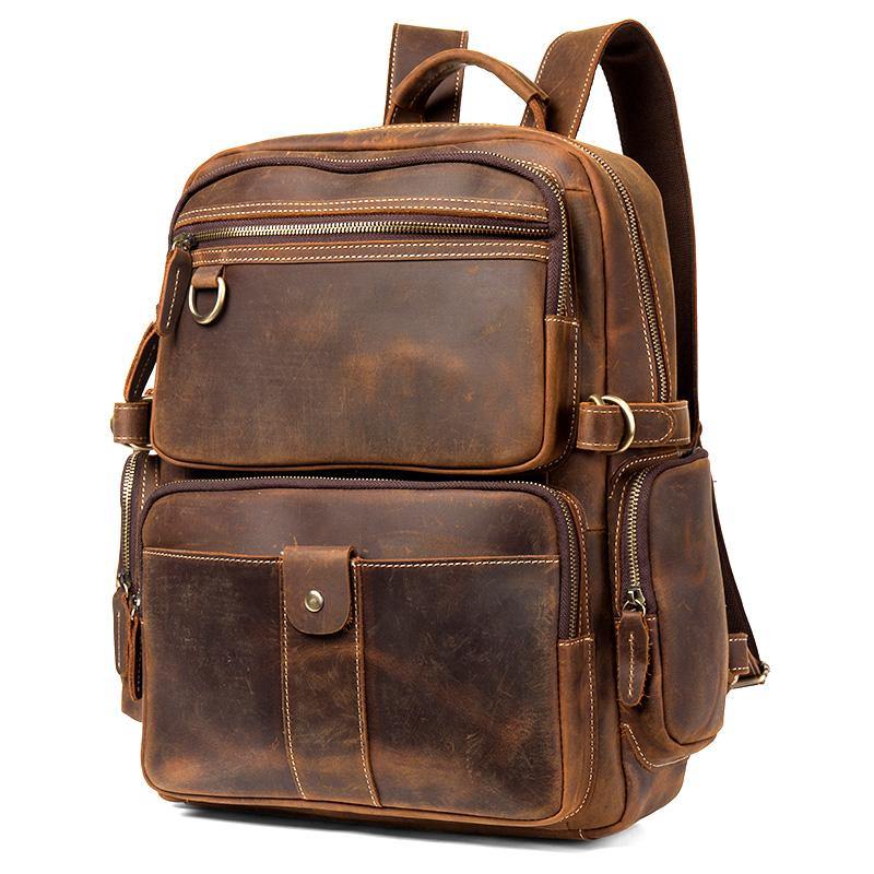 Dark Brown Mens Leather 15-inch Computer Backpacks Fashion Travel Backpacks School Backpacks for men - iwalletsmen