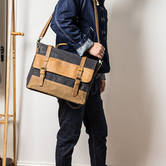 Canvas Leather Mens Side Bag Black 14'' Briefcase Gray Postman Bag Messenger Bag for Men - iwalletsmen