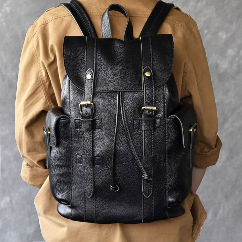 Black Leather Mens 15" Laptop Backpack Hiking Backpack Travel Backpack College Backpack for Men - iwalletsmen