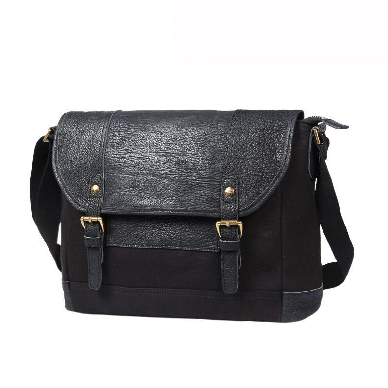 Black Canvas Leather Mens Side Bags Messenger Bags Dark Coffee Canvas Courier Bag for Men - iwalletsmen