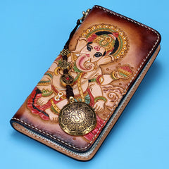 Handmade Leather Mens Clutch Wallet Cool Ganesha Tooled Wallet Long Zipper Wallets for Men