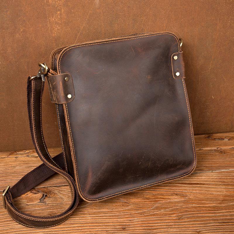 Vintage Dark Brown Cool Leather 12 inches Vertical Courier Bag Messenger Bags for Men - iwalletsmen