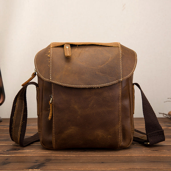 Vintage Brown Leather Men's Small Vertical Side Bag Small Messenger Bag For Men - iwalletsmen