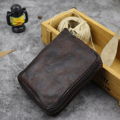 Vintage Leather Brown Men's Bifold Small Wallet Black Zipper billfold Wallet For Men - iwalletsmen