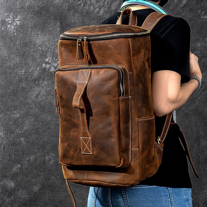 Retro Brown Leather Mens 14" Barrel Laptop Backpack Hiking Backpack Travel Backpack Large Backpack for Men - iwalletsmen