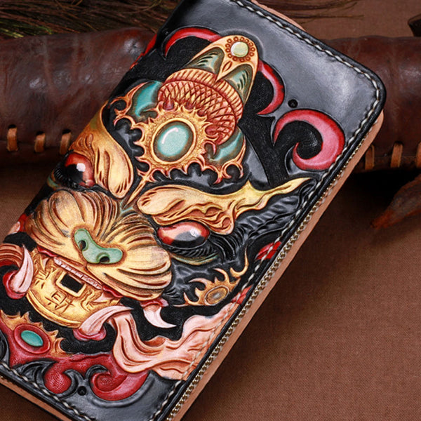 Handmade Leather Tooled Monster Mens Chain Biker Wallet Cool Leather Wallet Zipper Long Phone Wallets for Men