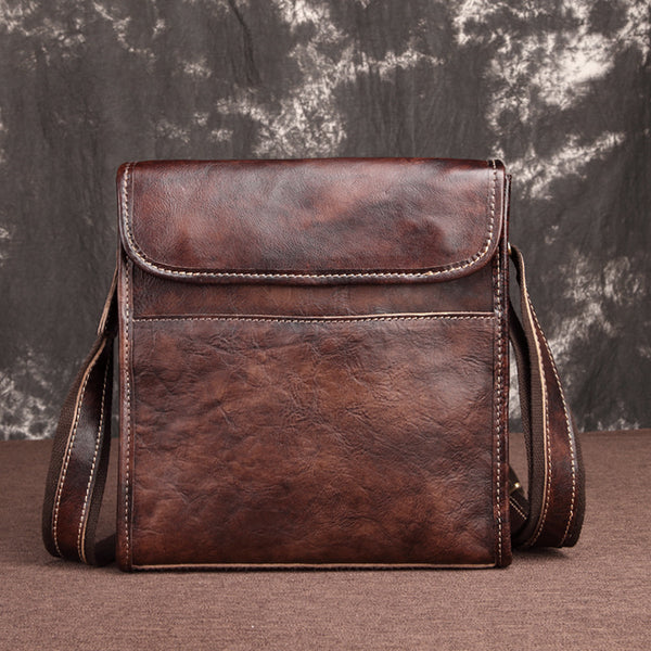 Vintage Brown Leather Men's Small Vertical Messenger Bag Side Bag Courier Bag For Men - iwalletsmen