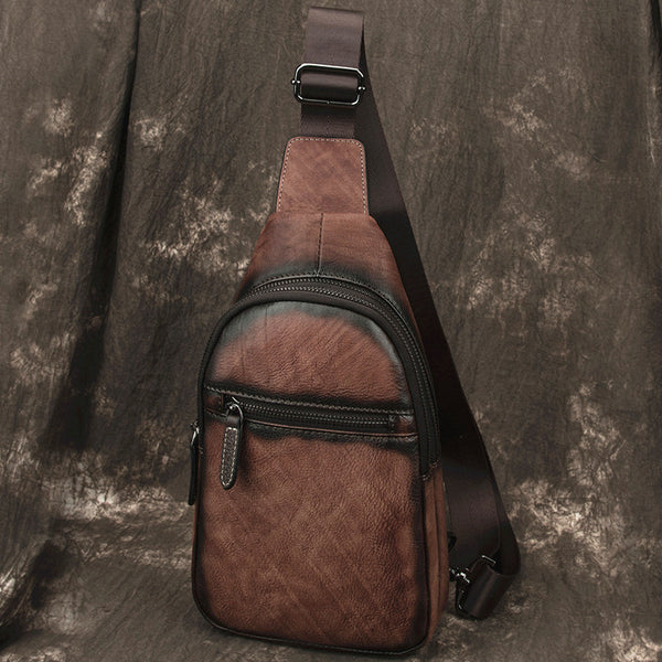 Brown Cool LEATHER MENS Sling Bag Chest Bag Khaki One Shoulder Bag For Men - iwalletsmen