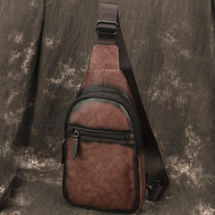 Brown Cool LEATHER MENS Sling Bag Chest Bag Khaki One Shoulder Bag For Men - iwalletsmen