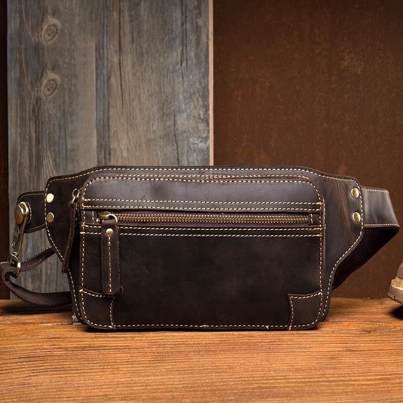 Cool Dark Brown Leather Mens Fanny Pack Waist Bag Hip Pack Belt Bags Bumbags for Men - iwalletsmen