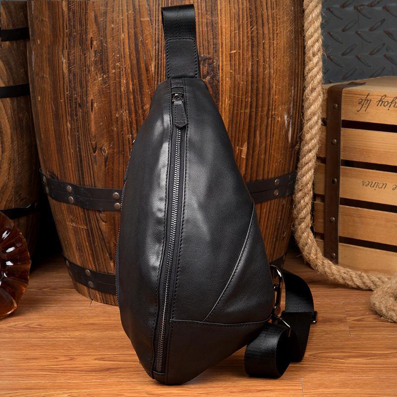 Black Leather Mens 8 inches Cool Sling Bags Crossbody Pack Black Chest Bag One Shoulder Pack for men - iwalletsmen
