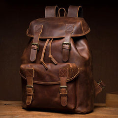Casual Brown Leather Mens 15 inches Laptop Backpack Travel Backpack Brown School Backpack for Men - iwalletsmen