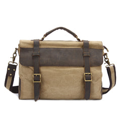 Canvas Leather Mens Vintage Khaki 14'' Briefcase Side Bag Lake Green Messenger Bag Brown Courier Bag for Men - iwalletsmen