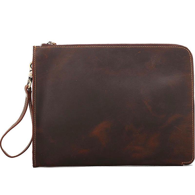 Vintage Business Leather Mens Brown Envelope Bag Document Purse Dark Brown Clutch For Men - iwalletsmen