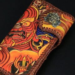 Handmade Mens Tooled God Mahakala Leather Chain Wallet Biker Trucker Wallet with Chain - iwalletsmen