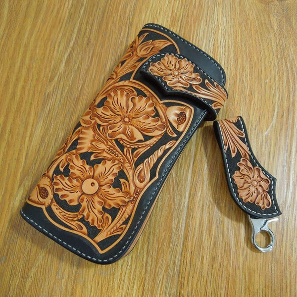 Handmade Leather Biker Wallet Tooled Floral Mens Cool Chain Wallet Trucker Wallet with Chain