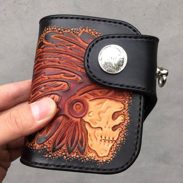 Handmade Leather Tooled Skull Indian Chief Biker Wallet Mens Cool billfold Chain Wallet Trucker Wallet with Chain