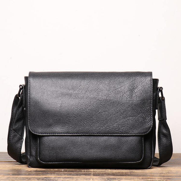 Black Leather Small Zipper Messenger Bag Small Side Bag Black Courier Bag Shoulder Bag For Men - iwalletsmen