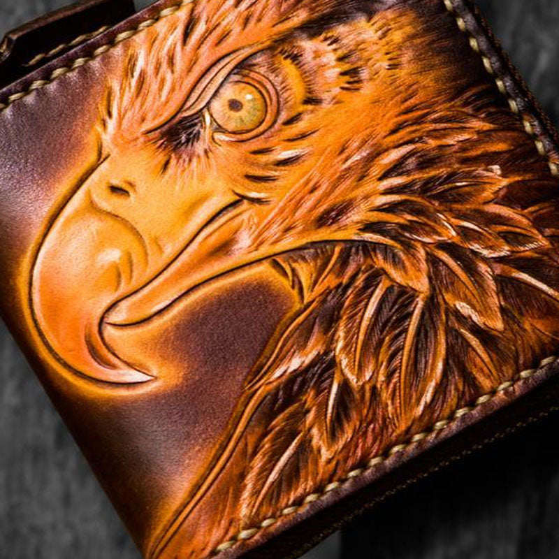 Handmade Leather Tooled Eagle Mens billfold Wallet Cool Leather Wallet Slim Wallet for Men