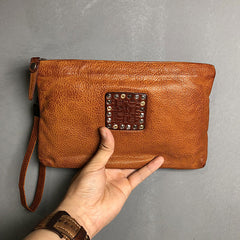 Handmade Genuine Leather Mens Clutch Cool Slim Wallet Zipper Clutch Wristlet Wallet for Men