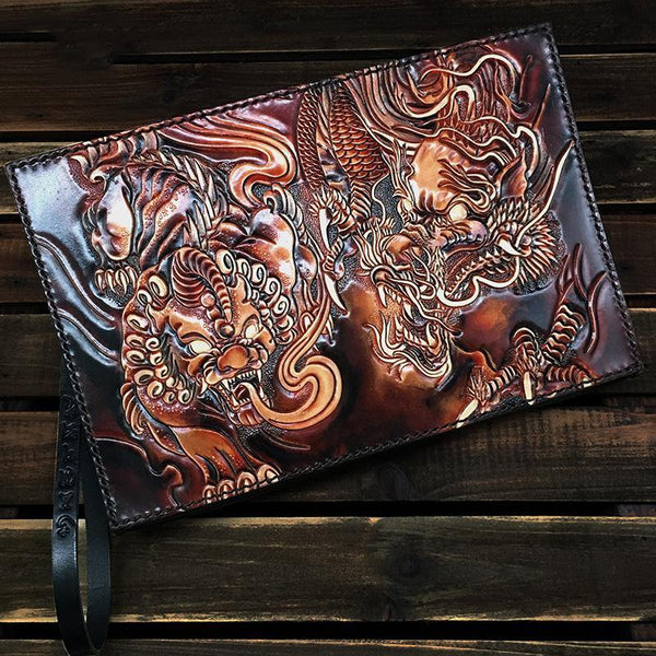 Black Handmade Tooled Leather Lion Chinese Dragon Clutch Wallet Wristlet Bag Clutch Purse For Men - iwalletsmen