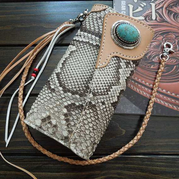 Handmade Leather Biker Wallet Mens Cool Chain Trifold Wallet Trucker Wallet with Chain