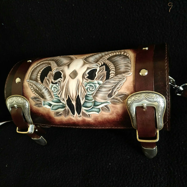 Cool Handmade RAM Skull Tooled Leather Mens Biker Saddle Bag Biker Barrel Side Bag Messenger Bag For Men - iwalletsmen