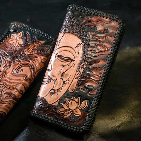 Handmade Leather Mens Clutch Wallet Tooled Cool Buddha Wallet Long Zipper Wallets for Men